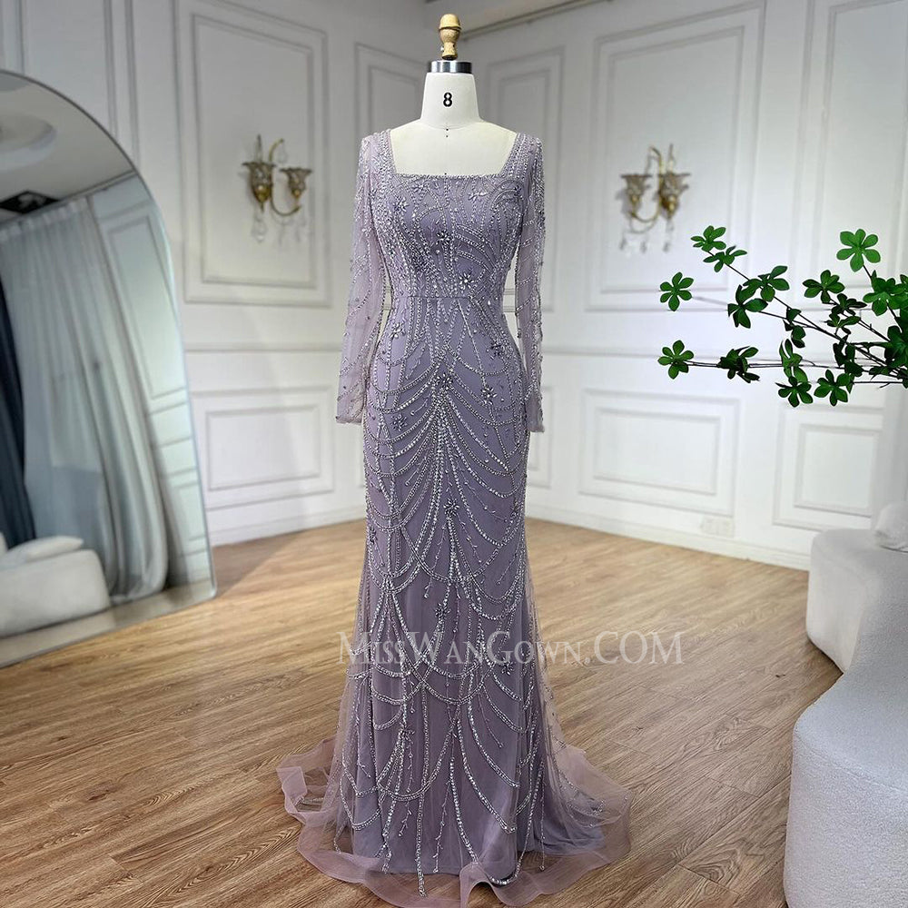 Long sleeves tulle handmade heavy beading diamond prom dresses customized mermaid evening dresses LF759