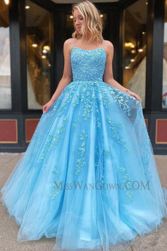 Spaghetti strap tulle appliqued prom dresses sweep train customized evening dresses LF764