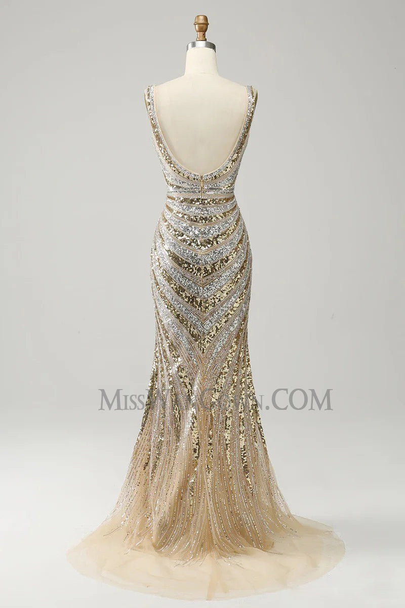 Sexy deep v neck sequins prom dresses sweep train backless evening dresses LF765