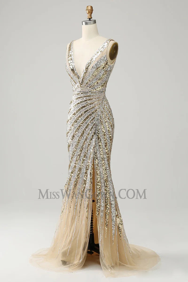 Sexy deep v neck sequins prom dresses sweep train backless evening dresses LF765