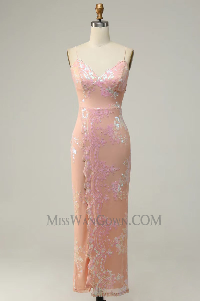 Spaghetti strap v neck sequins prom dresses customized high split evening dresses LF766