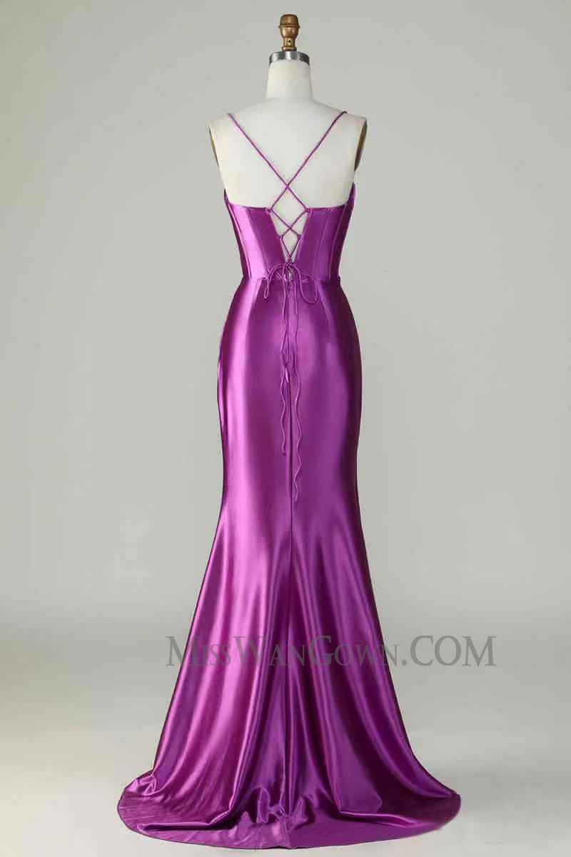 Spaghetti strap sweetheart satin prom dresses high split sweep train evening dresses LF767