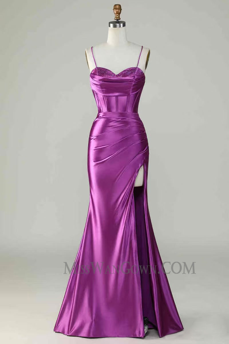 Spaghetti strap sweetheart satin prom dresses high split sweep train evening dresses LF767