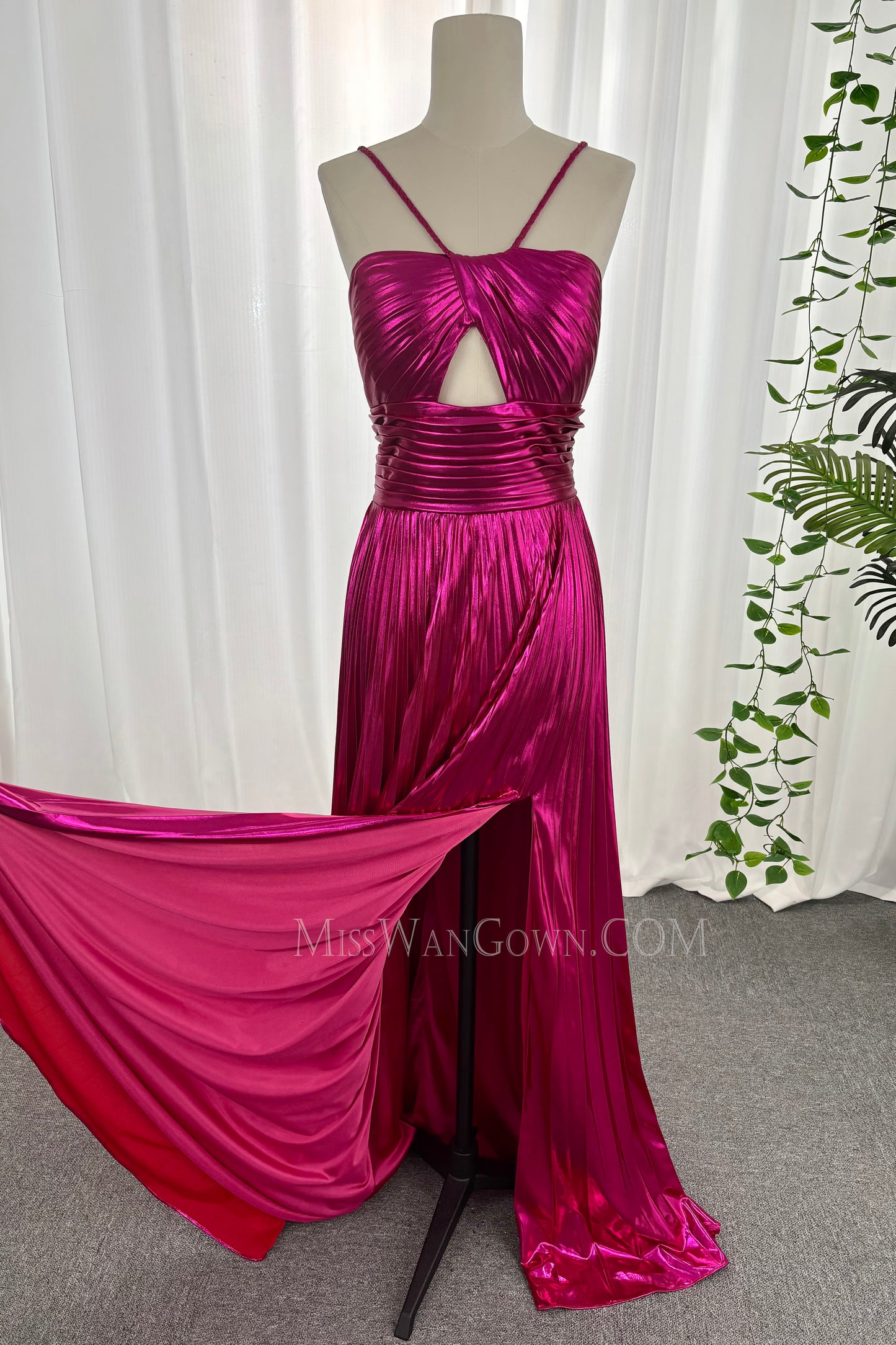 Spaghetti strap satin ruffles prom dresses high split customized evening dresses LF870