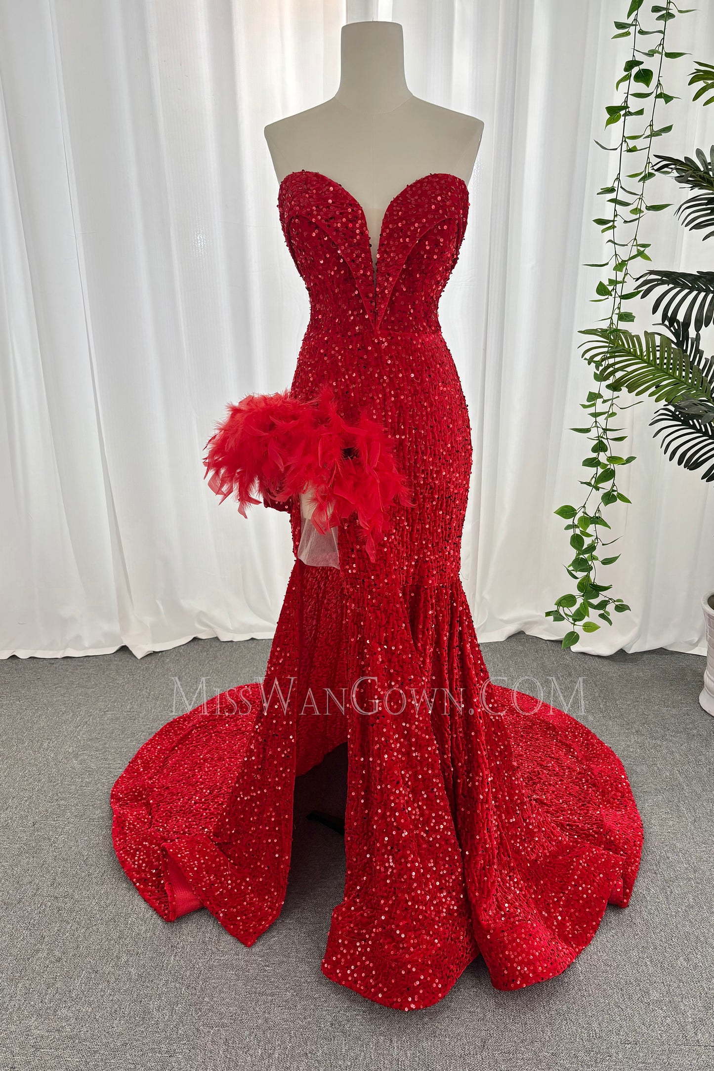 Sweetheart mermaid sequins prom dresses customized red high split evening dresses LF872