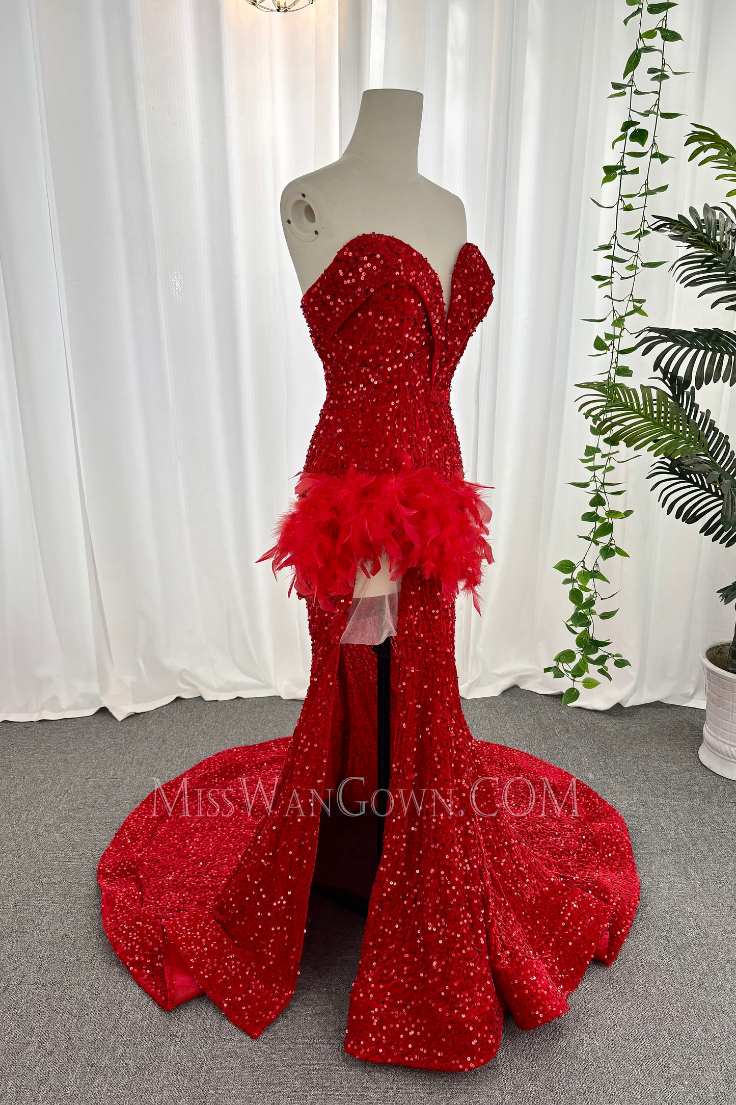 Sweetheart mermaid sequins prom dresses customized red high split evening dresses LF872