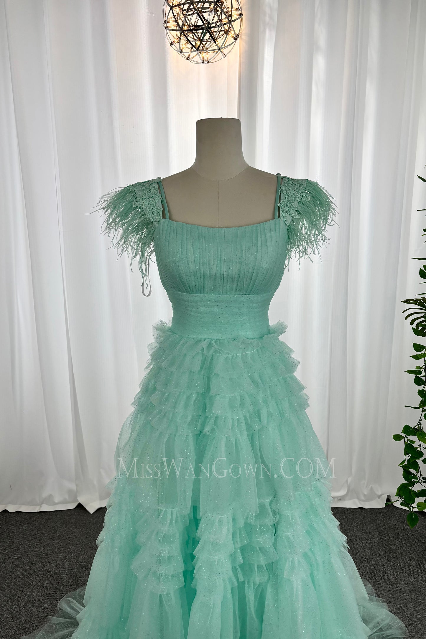 Spaghetti strap tulle appliqued feathers prom dresses customized cakes evening dresses LF873