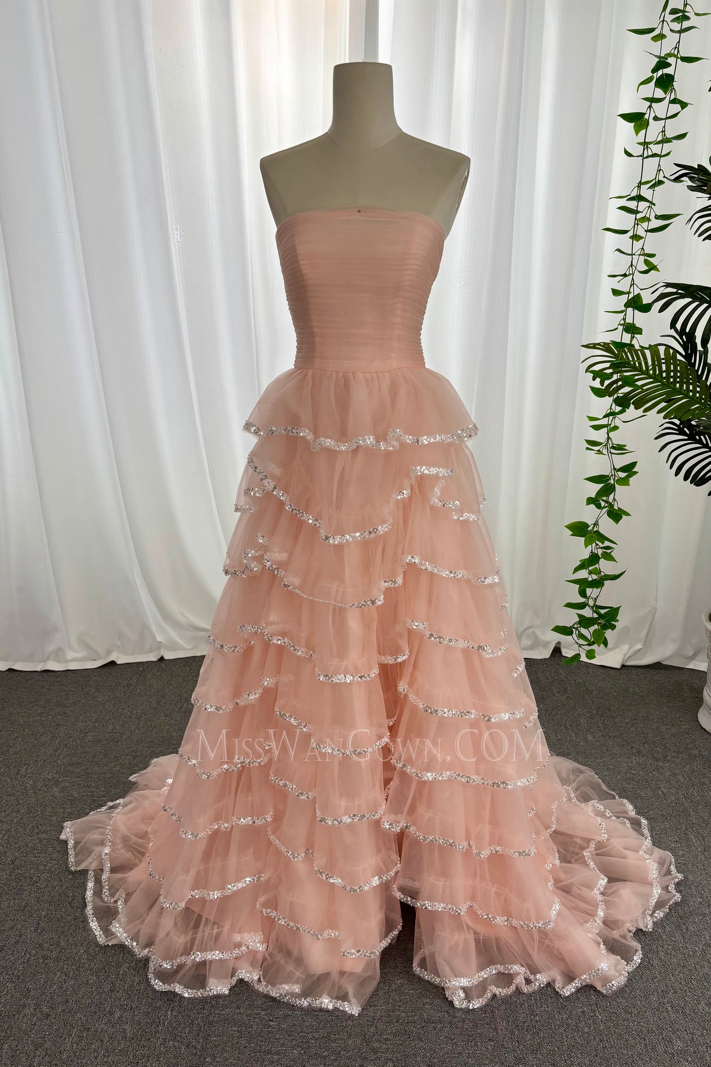 Strapless tulle beading cakes prom dresses customized high split evening dresses LF875