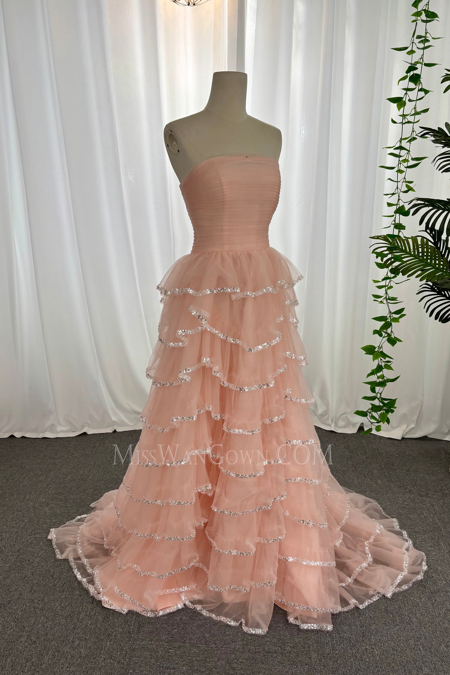 Strapless tulle beading cakes prom dresses customized high split evening dresses LF875