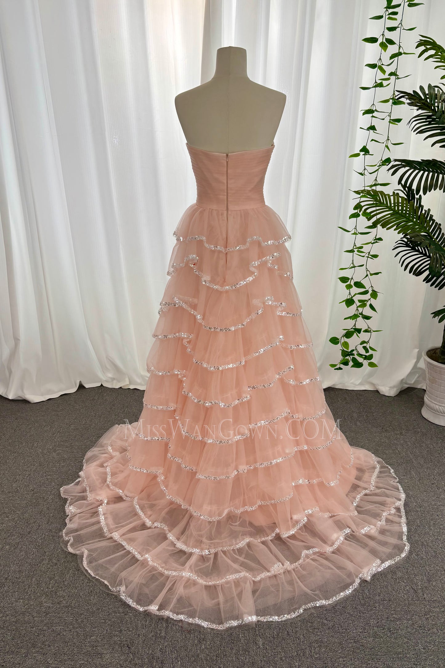 Strapless tulle beading cakes prom dresses customized high split evening dresses LF875