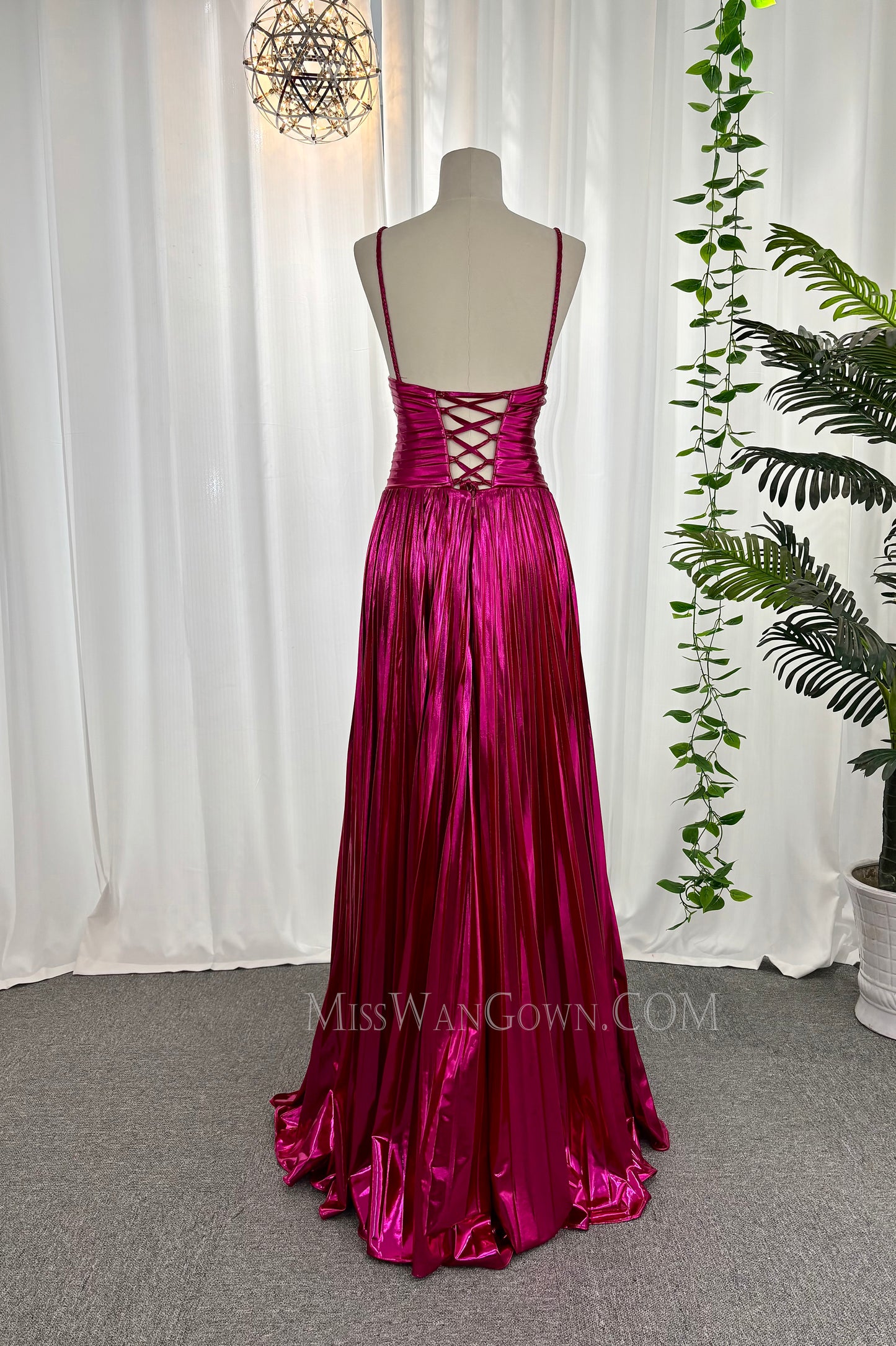 Spaghetti strap satin ruffles prom dresses high split customized evening dresses LF870