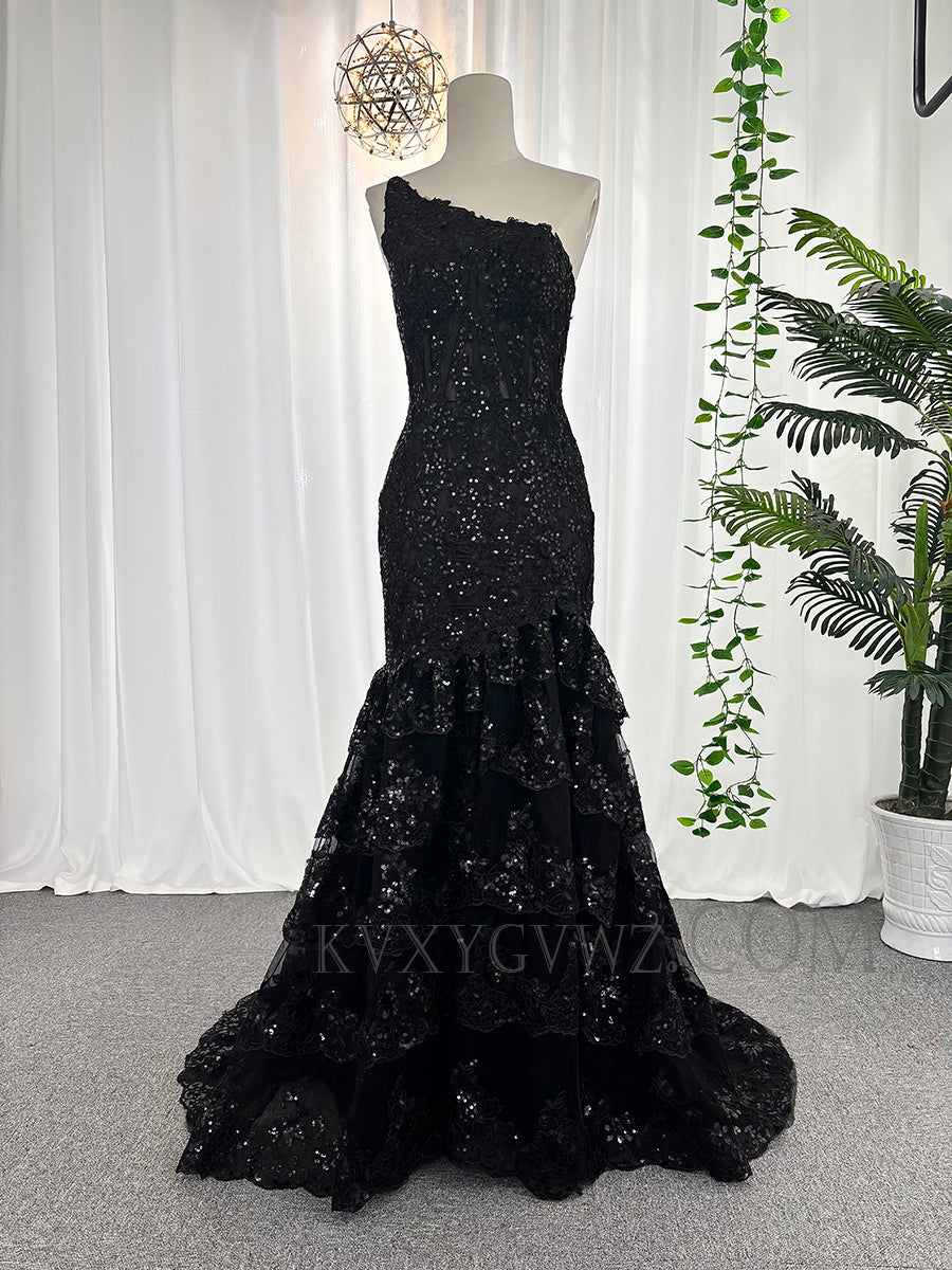 One shoulder lace sequins prom dresses customized mermaid sweep train evening dresses LF884