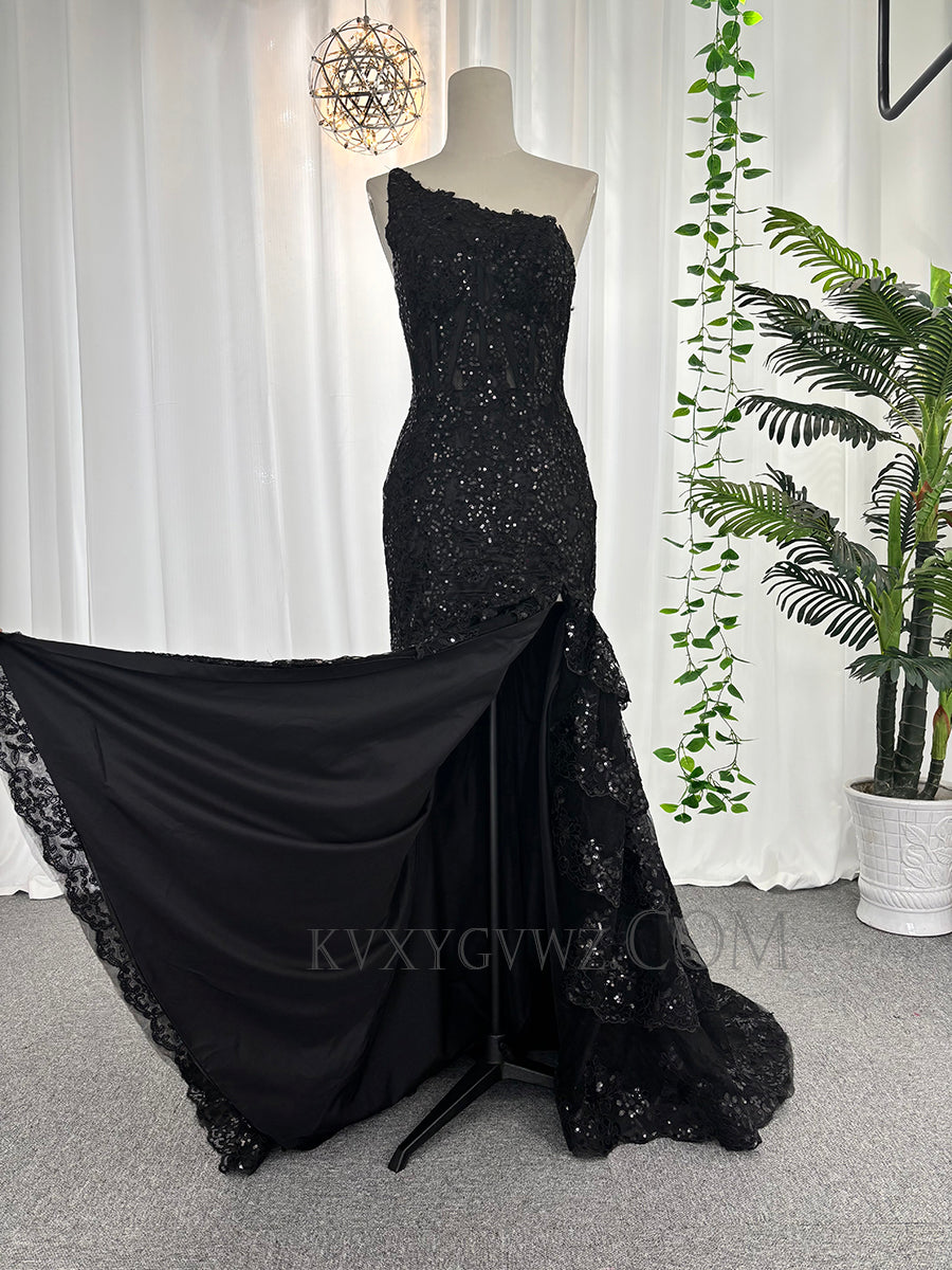 One shoulder lace sequins prom dresses customized mermaid sweep train evening dresses LF884