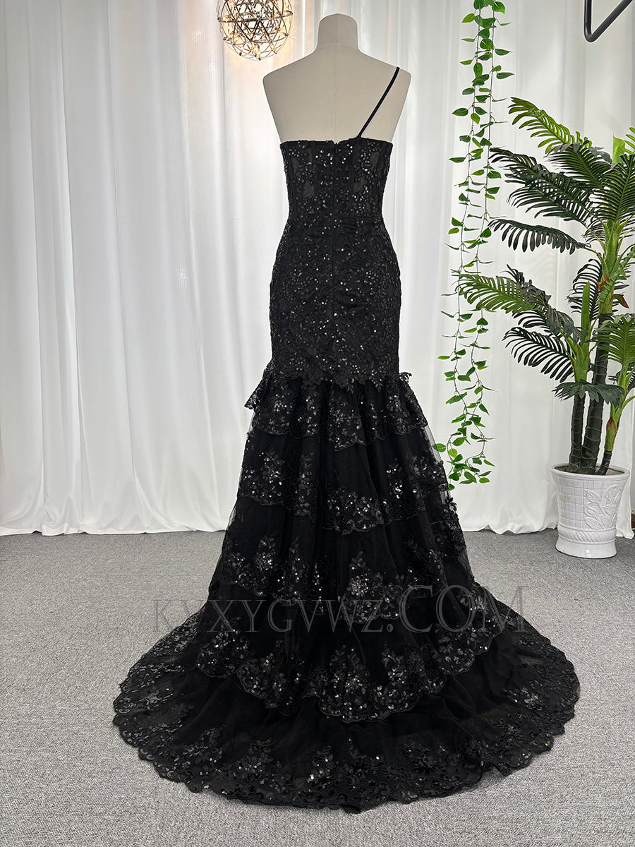 One shoulder lace sequins prom dresses customized mermaid sweep train evening dresses LF884