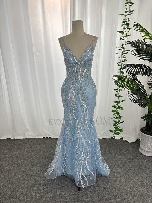 Spaghetti strap v neck sequins prom dresses mermaid sweep train customized evening dresses LF887