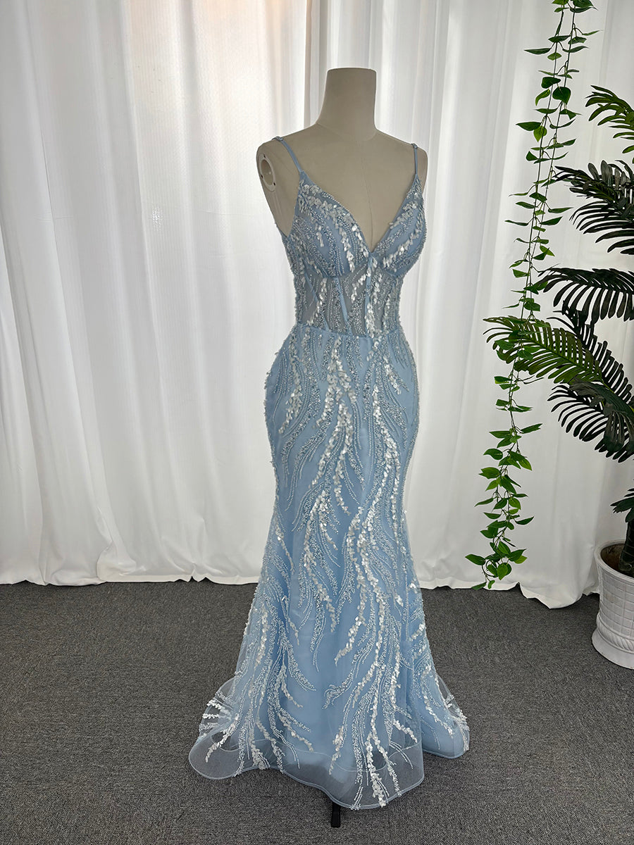 Spaghetti strap v neck sequins prom dresses mermaid sweep train customized evening dresses LF887