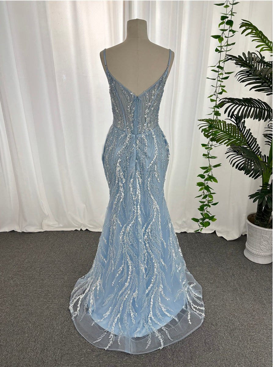 Spaghetti strap v neck sequins prom dresses mermaid sweep train customized evening dresses LF887