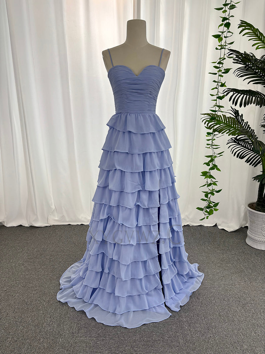 Spaghetti strap sweetheart chiffon ruffles prom dresses customized sweep train evening dresses LF891