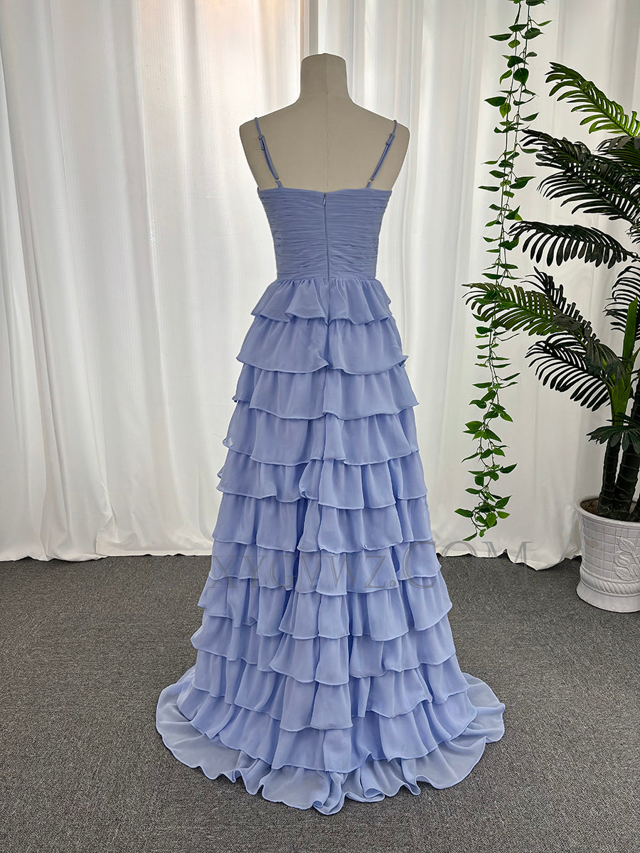 Spaghetti strap sweetheart chiffon ruffles prom dresses customized sweep train evening dresses LF891