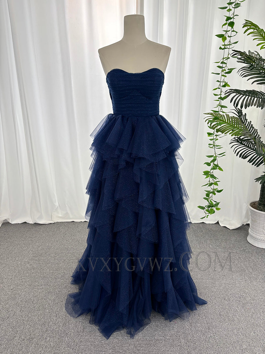 A-line sweetheart prom dresses tulle ruffles customized sweep train evening dresses LF890