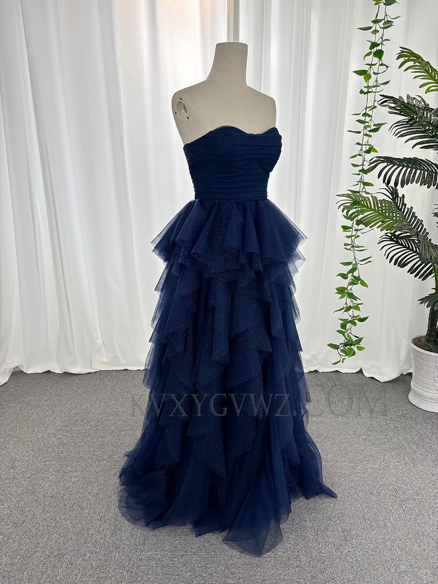 A-line sweetheart prom dresses tulle ruffles customized sweep train evening dresses LF890