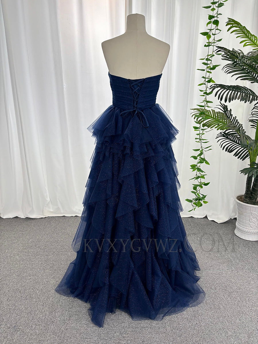 A-line sweetheart prom dresses tulle ruffles customized sweep train evening dresses LF890