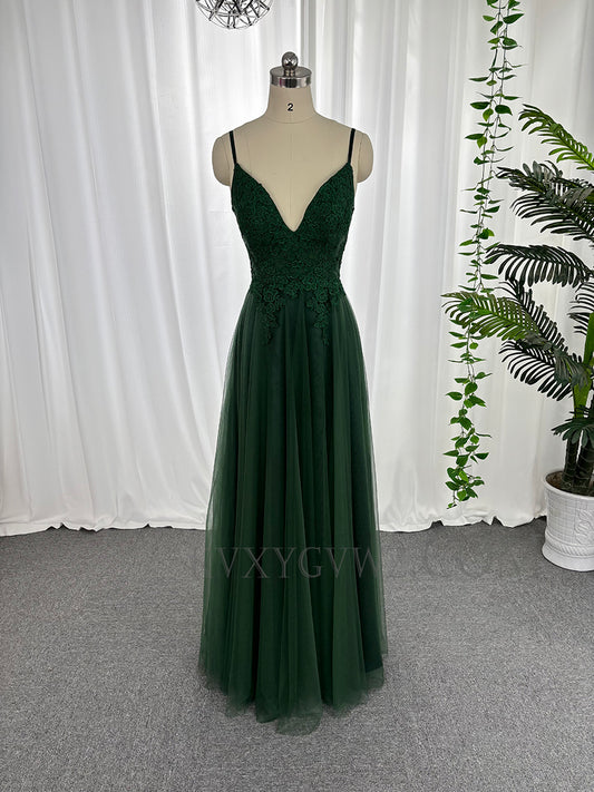 Spaghetti strap v neck tulle appliqued prom dresses floor length lace up customized evening dresses LF889