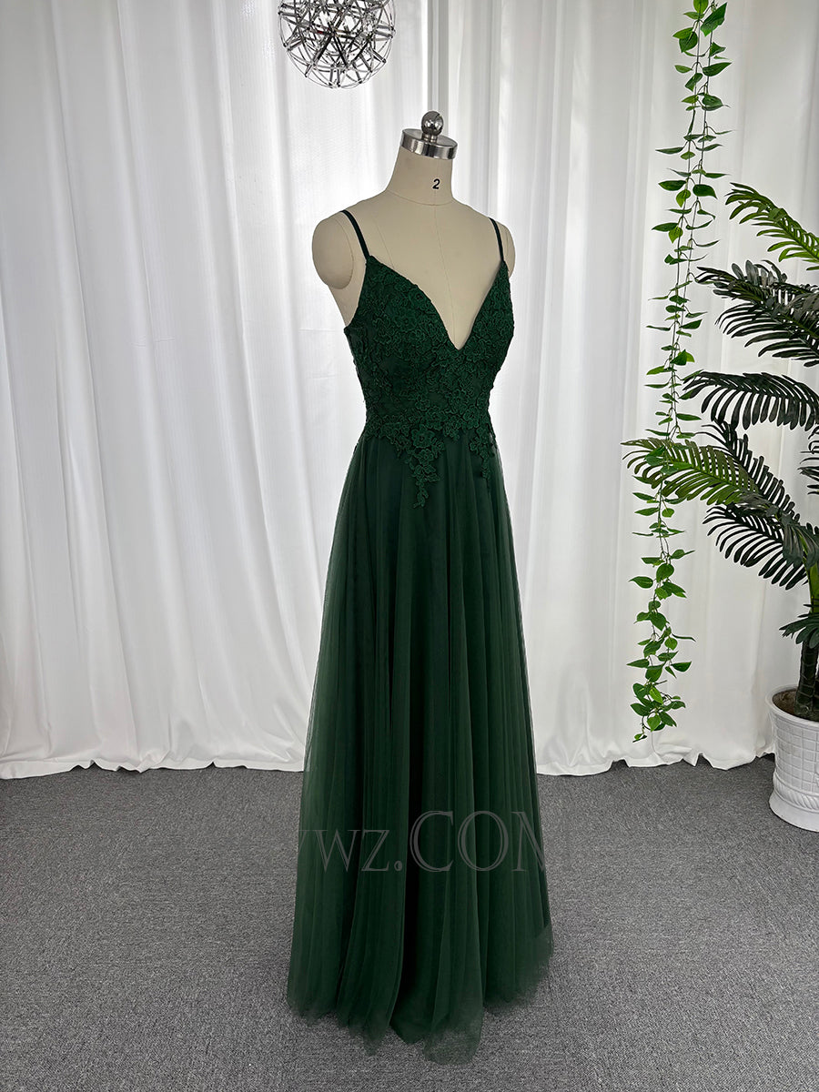 Spaghetti strap v neck tulle appliqued prom dresses floor length lace up customized evening dresses LF889