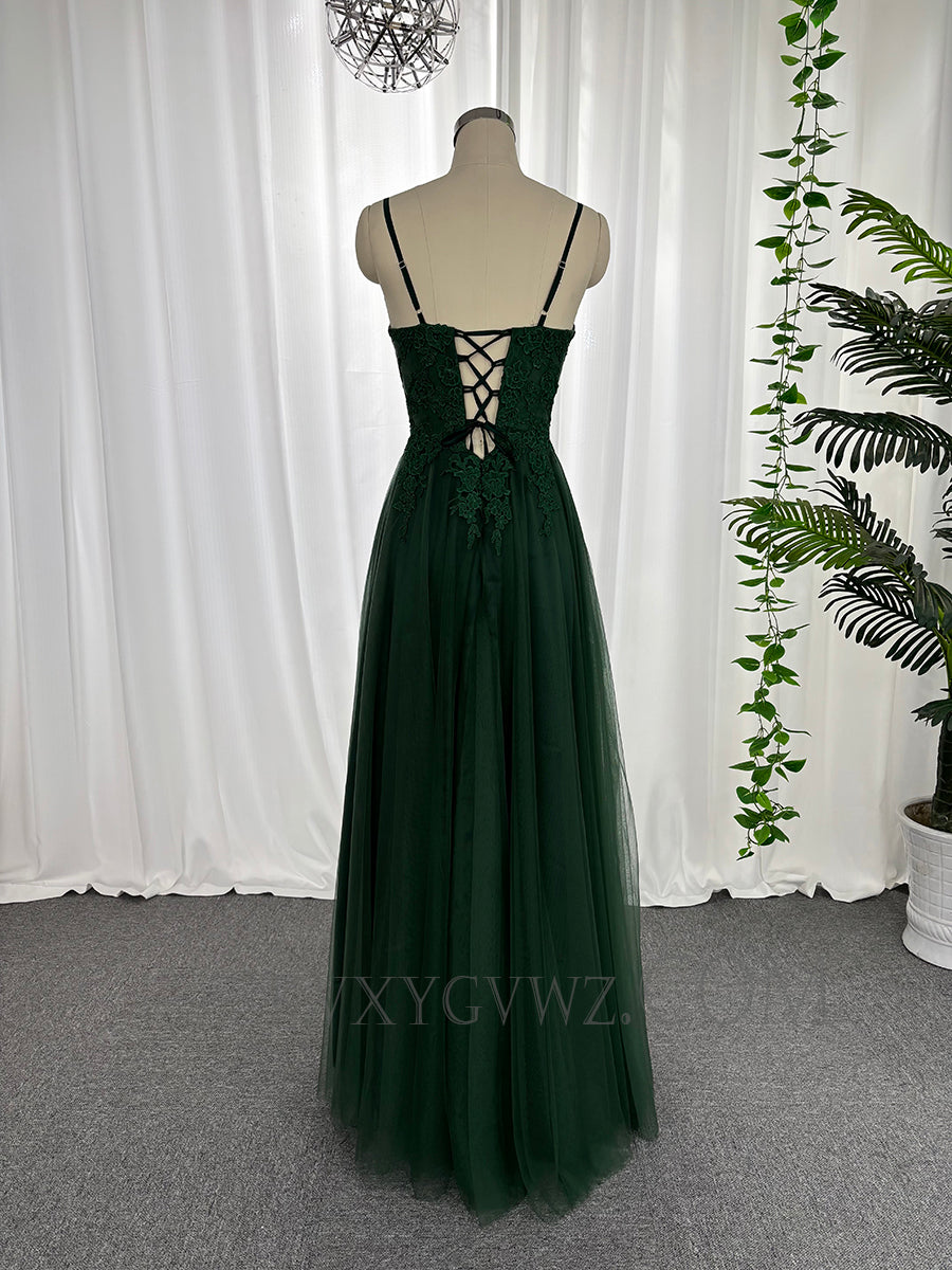 Spaghetti strap v neck tulle appliqued prom dresses floor length lace up customized evening dresses LF889