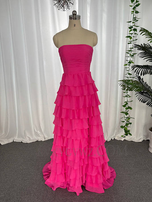 Strapless chiffon ruffles prom dresses a line sweep train customized evening dresses LF892