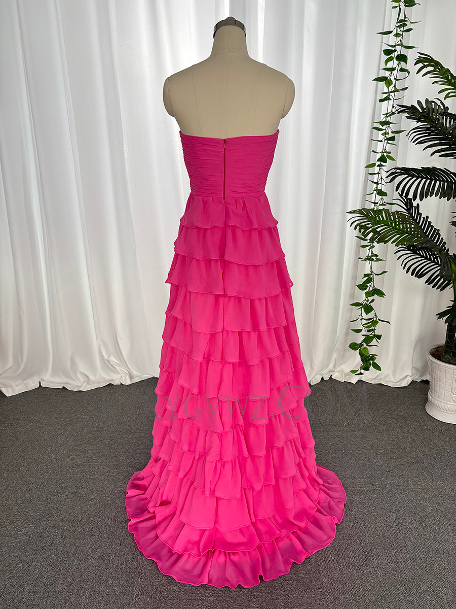 Strapless chiffon ruffles prom dresses a line sweep train customized evening dresses LF892