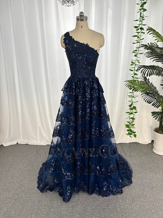 One shoulder sequins lace prom dresses customized sweep train evening dresses LF893