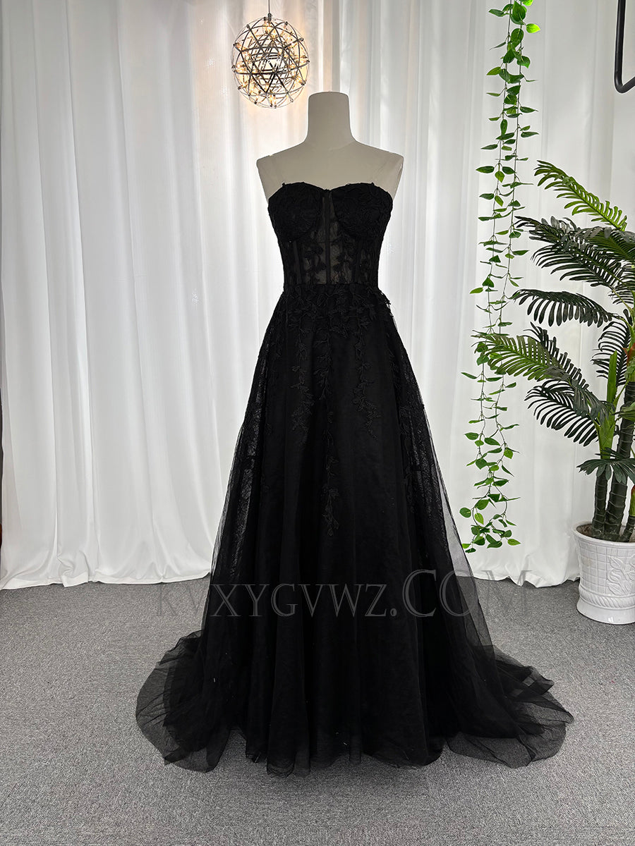 Black strapless tulle appliqued prom dresses customized sweep train evening dresses LF885