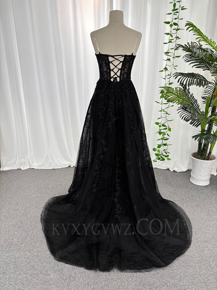 Black strapless tulle appliqued prom dresses customized sweep train evening dresses LF885