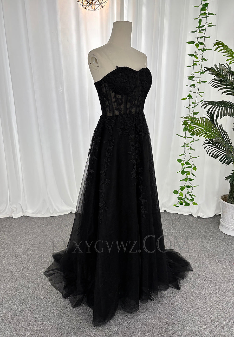 Black strapless tulle appliqued prom dresses customized sweep train evening dresses LF885