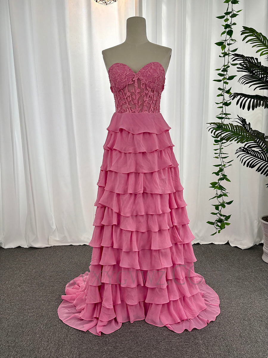 Sweetheart chiffon ruffles appliqued lace up prom dresses customized sweep train evening dresses LF886