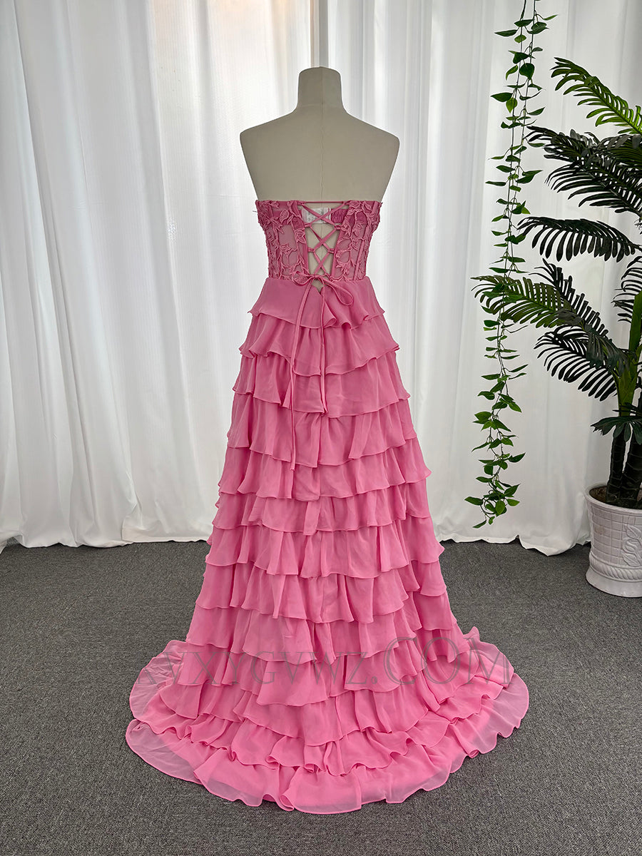 Sweetheart chiffon ruffles appliqued lace up prom dresses customized sweep train evening dresses LF886