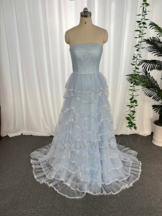 Strapless tulle ruffles beading sequins prom dresses customized sweep train evening dresses LF895