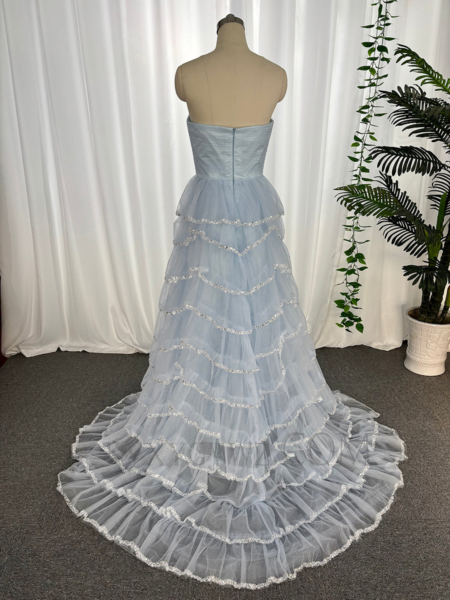 Strapless tulle ruffles beading sequins prom dresses customized sweep train evening dresses LF895