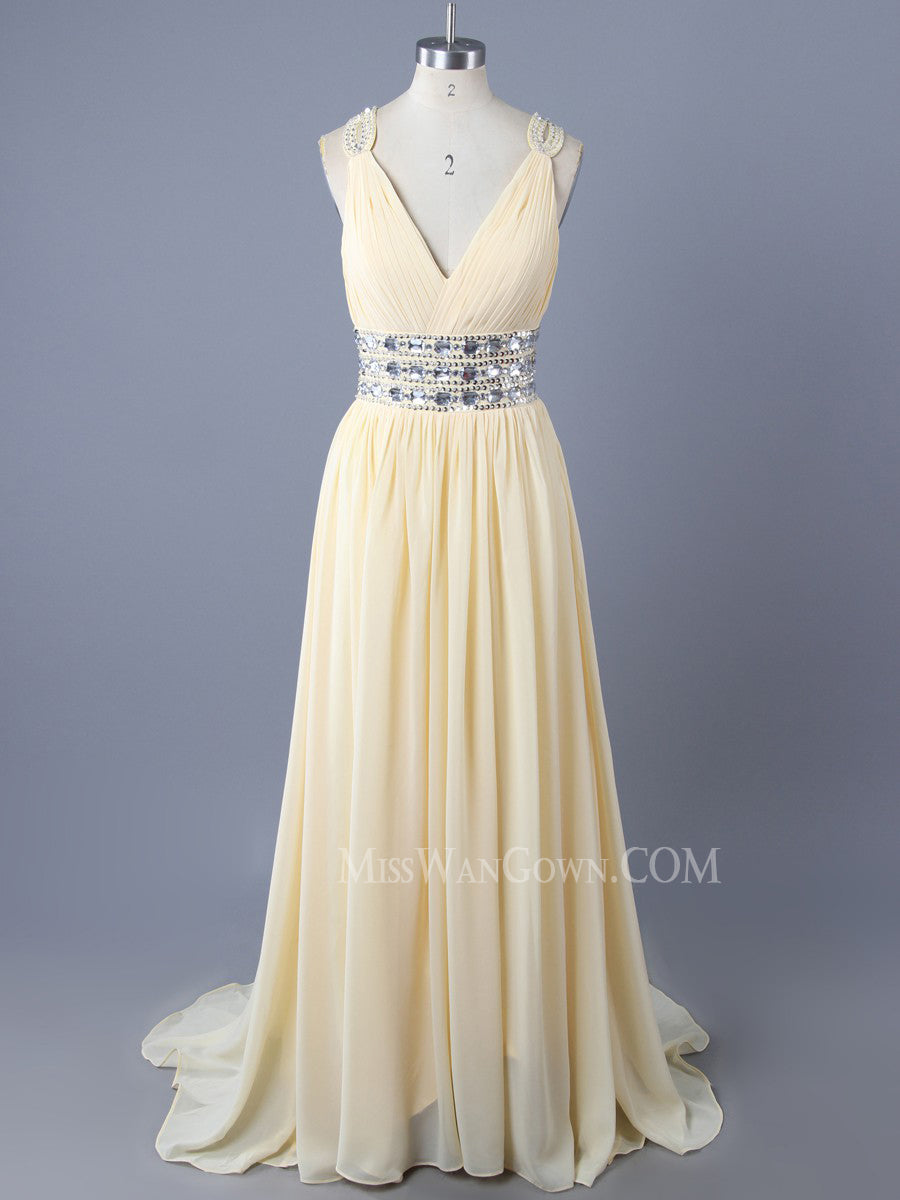 Sexy v neck chiffon handmade beading prom dresses customized sweep train evening dresses LF788