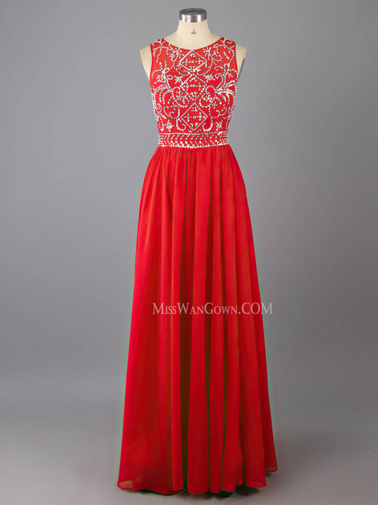 Round neck chiffon beading sequins prom dresses floor length evening dresses LF796