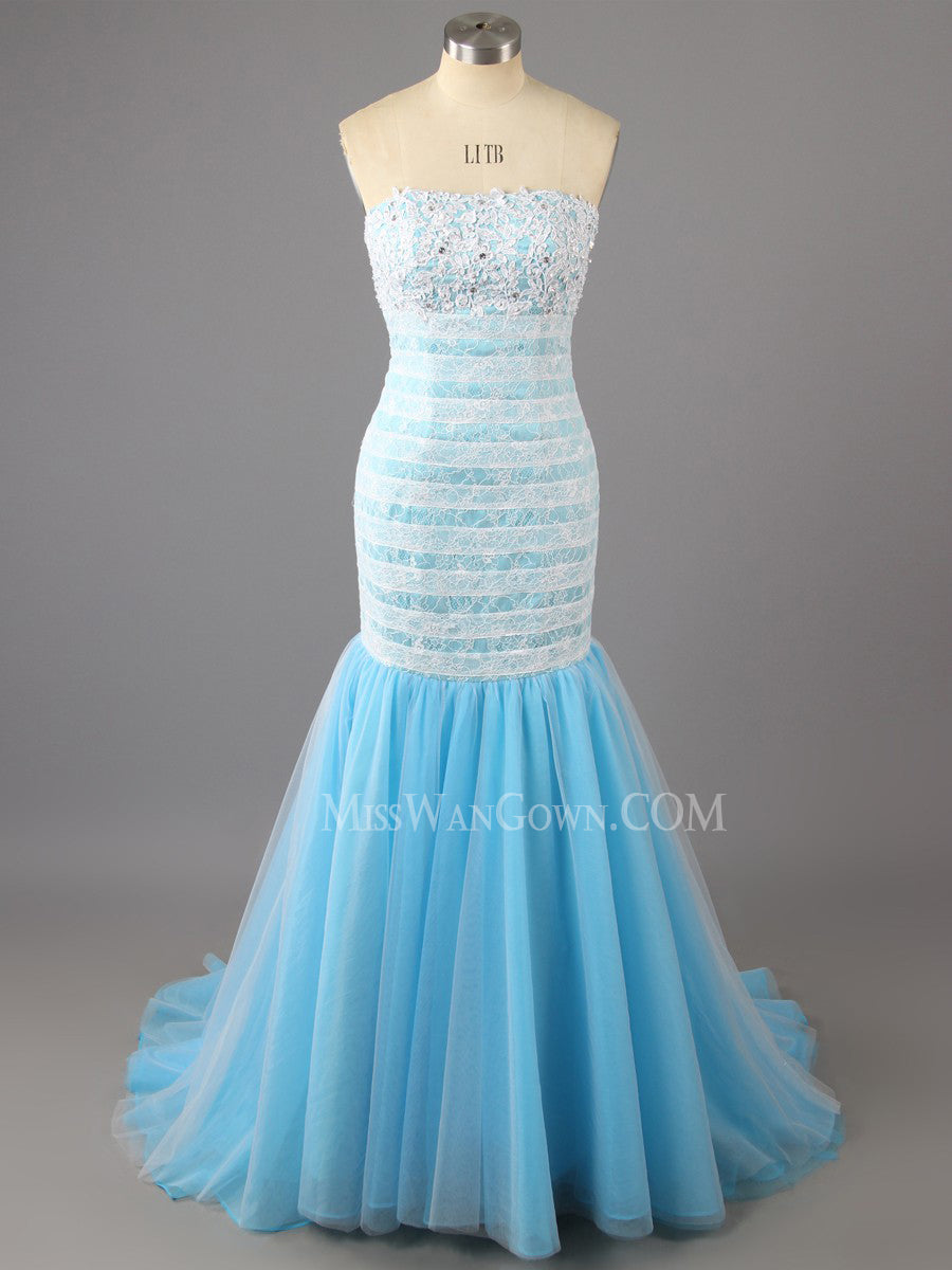 Mermaid sweep train tulle lace prom dresses customized evening dresses LF803