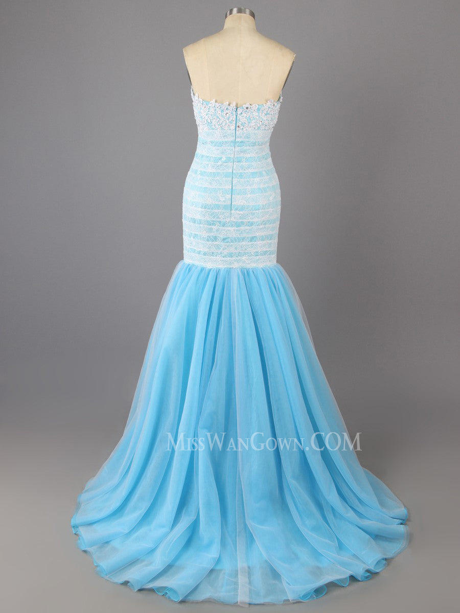 Mermaid sweep train tulle lace prom dresses customized evening dresses LF803