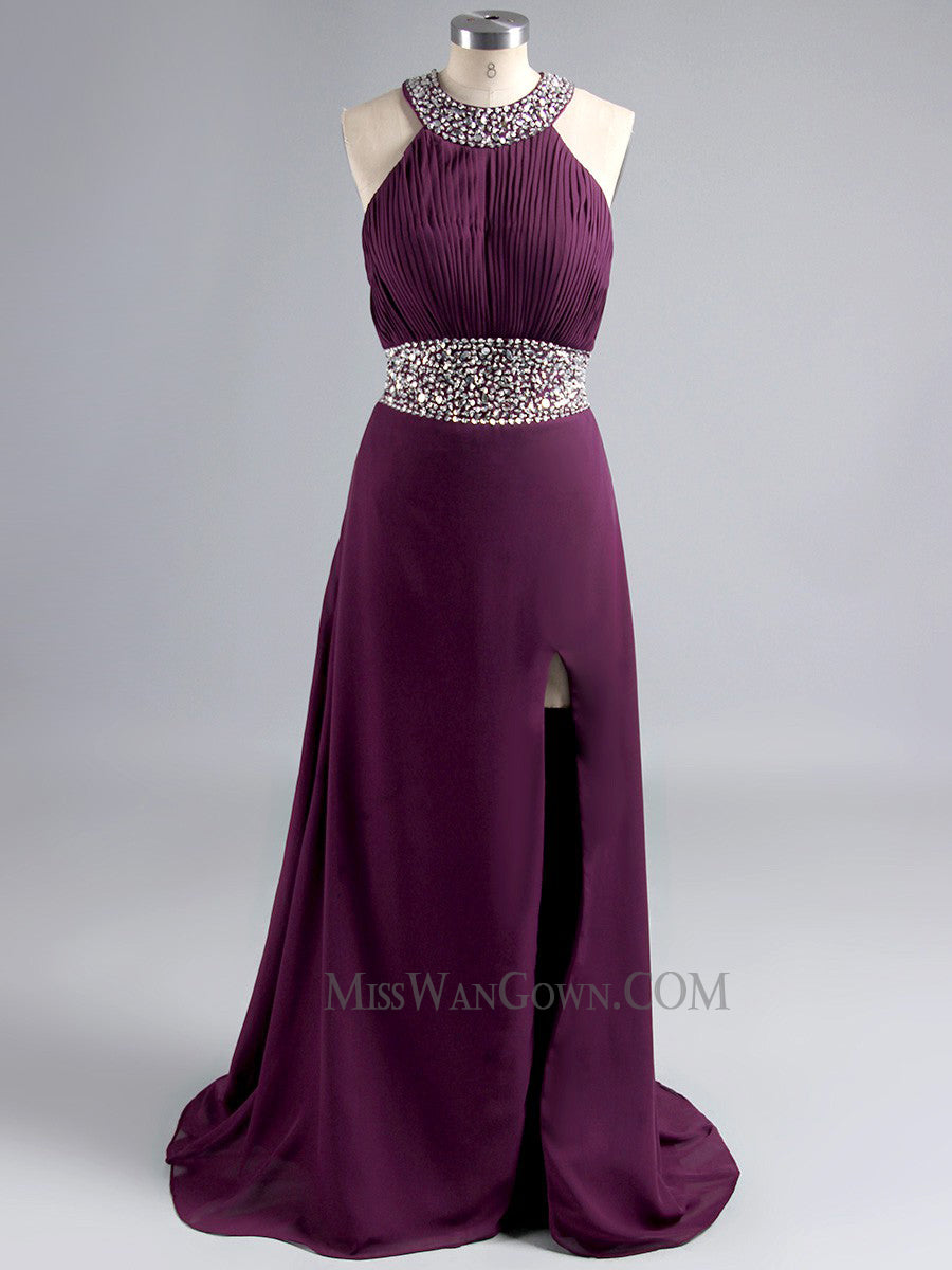 Halter chiffon handmade beading prom dresses customized high split sweep train evening dresses LF779