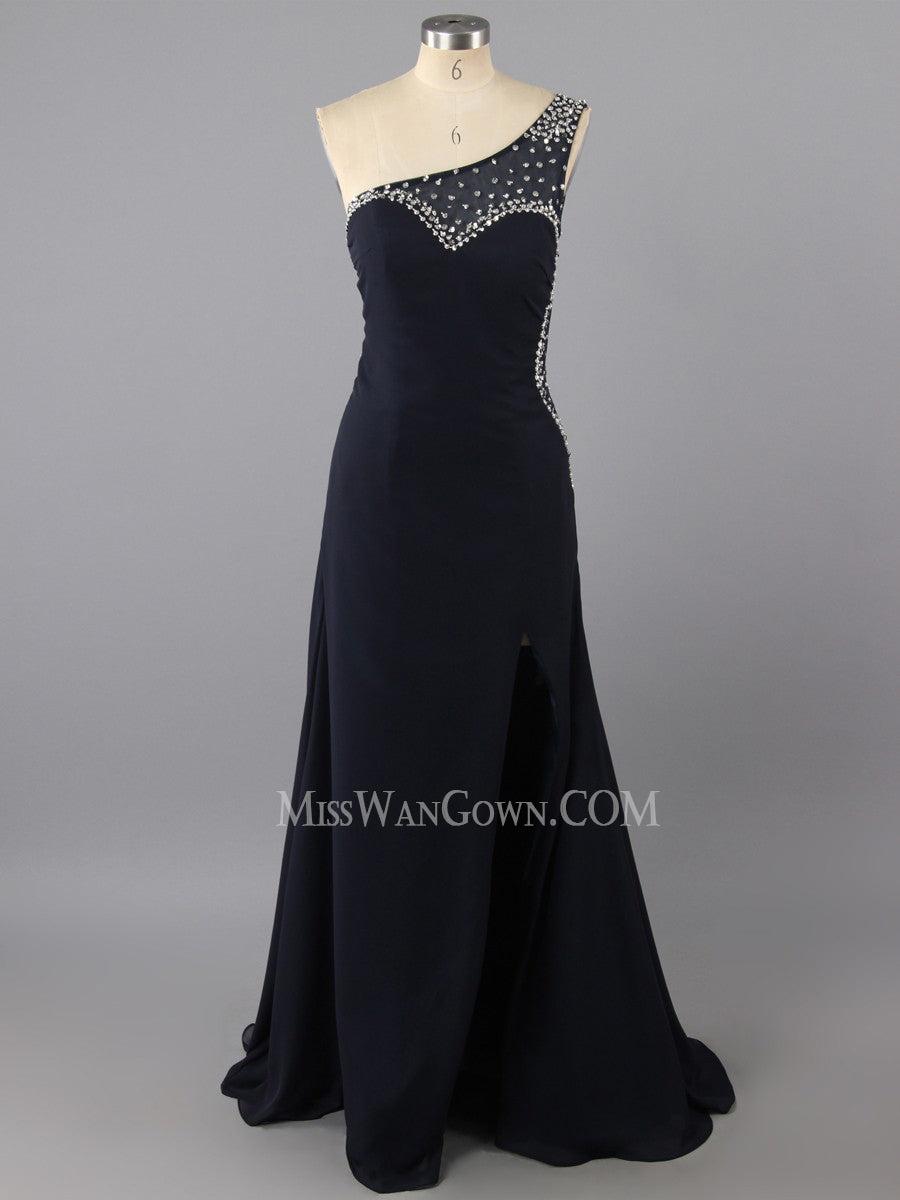 One shoulder chiffon beading diamond prom dresses customized sweep train evening dresses LF802