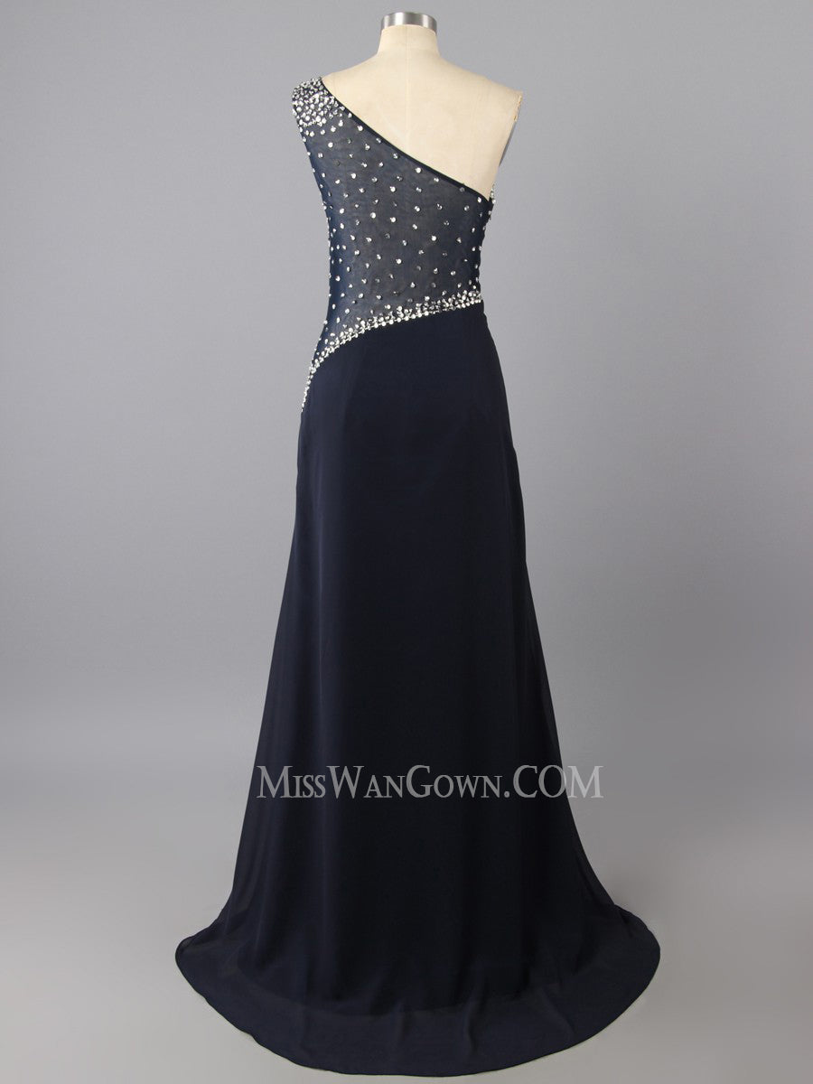 One shoulder chiffon beading diamond prom dresses customized sweep train evening dresses LF802