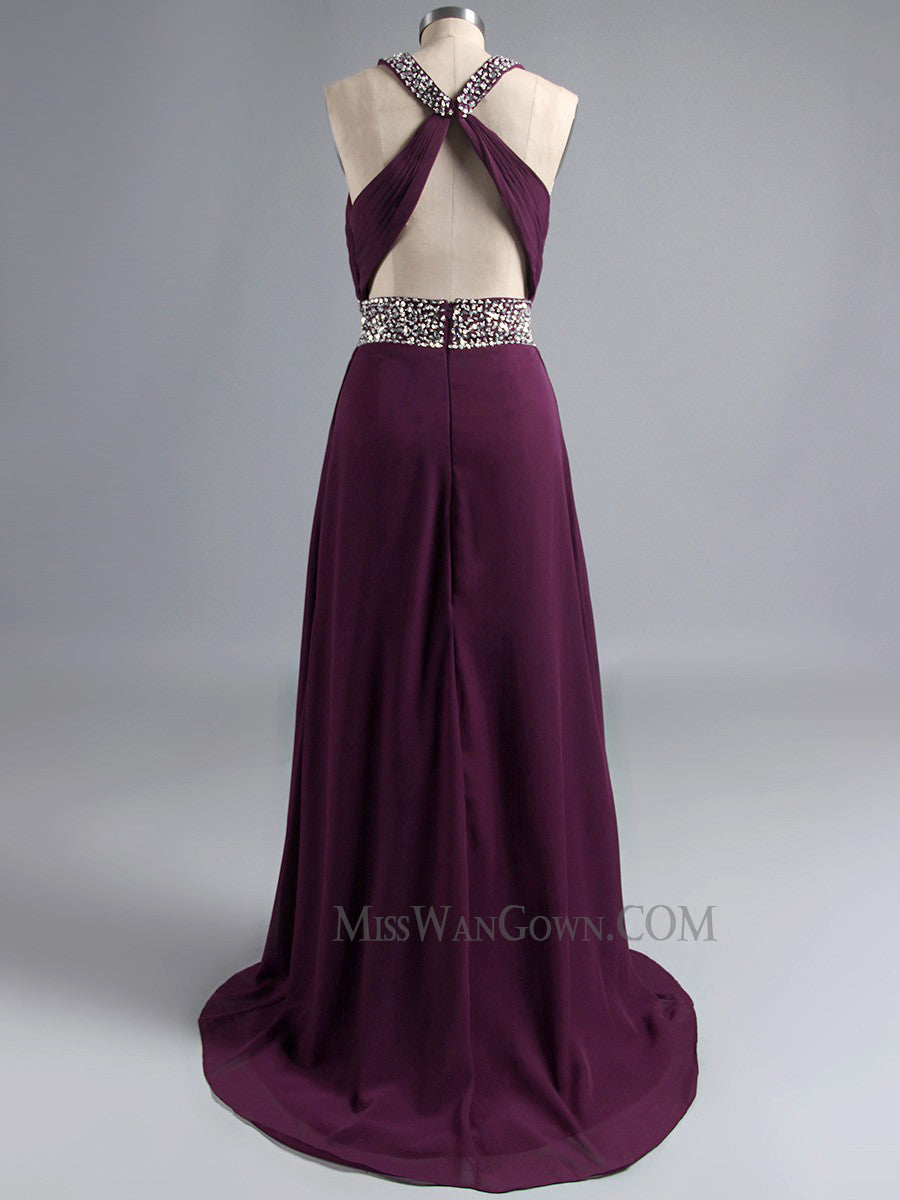 Halter chiffon handmade beading prom dresses customized high split sweep train evening dresses LF779