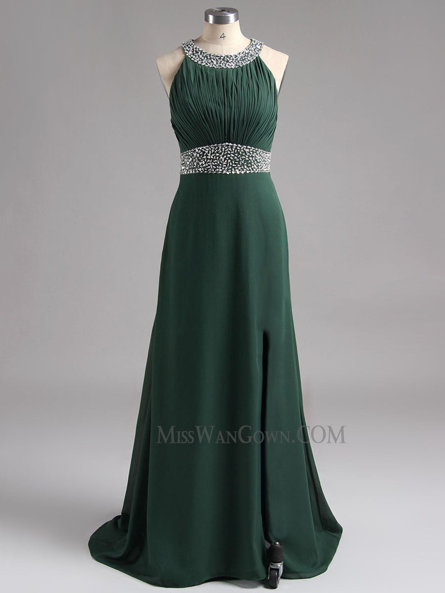 Halter chiffon handmade beading prom dresses customized high split sweep train evening dresses LF779