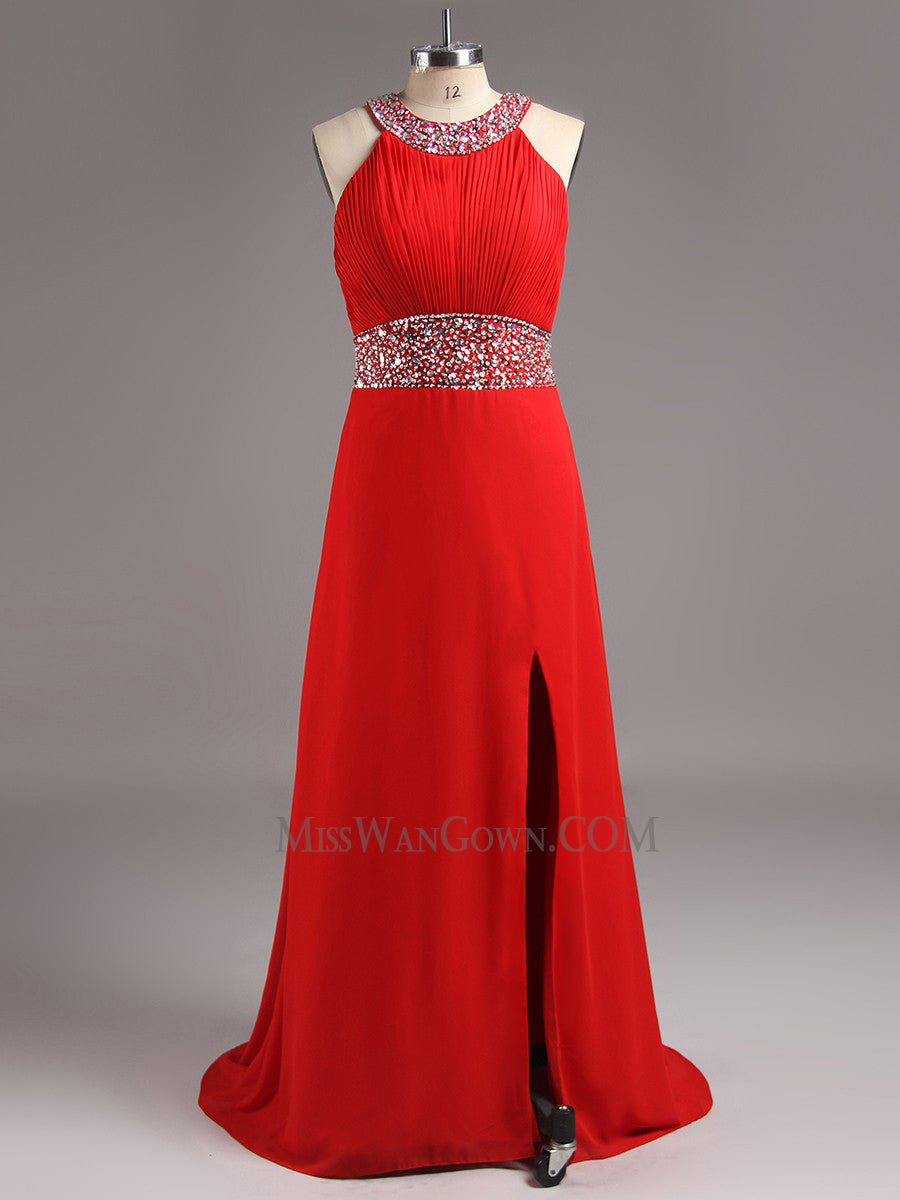 Halter chiffon handmade beading prom dresses customized high split sweep train evening dresses LF779