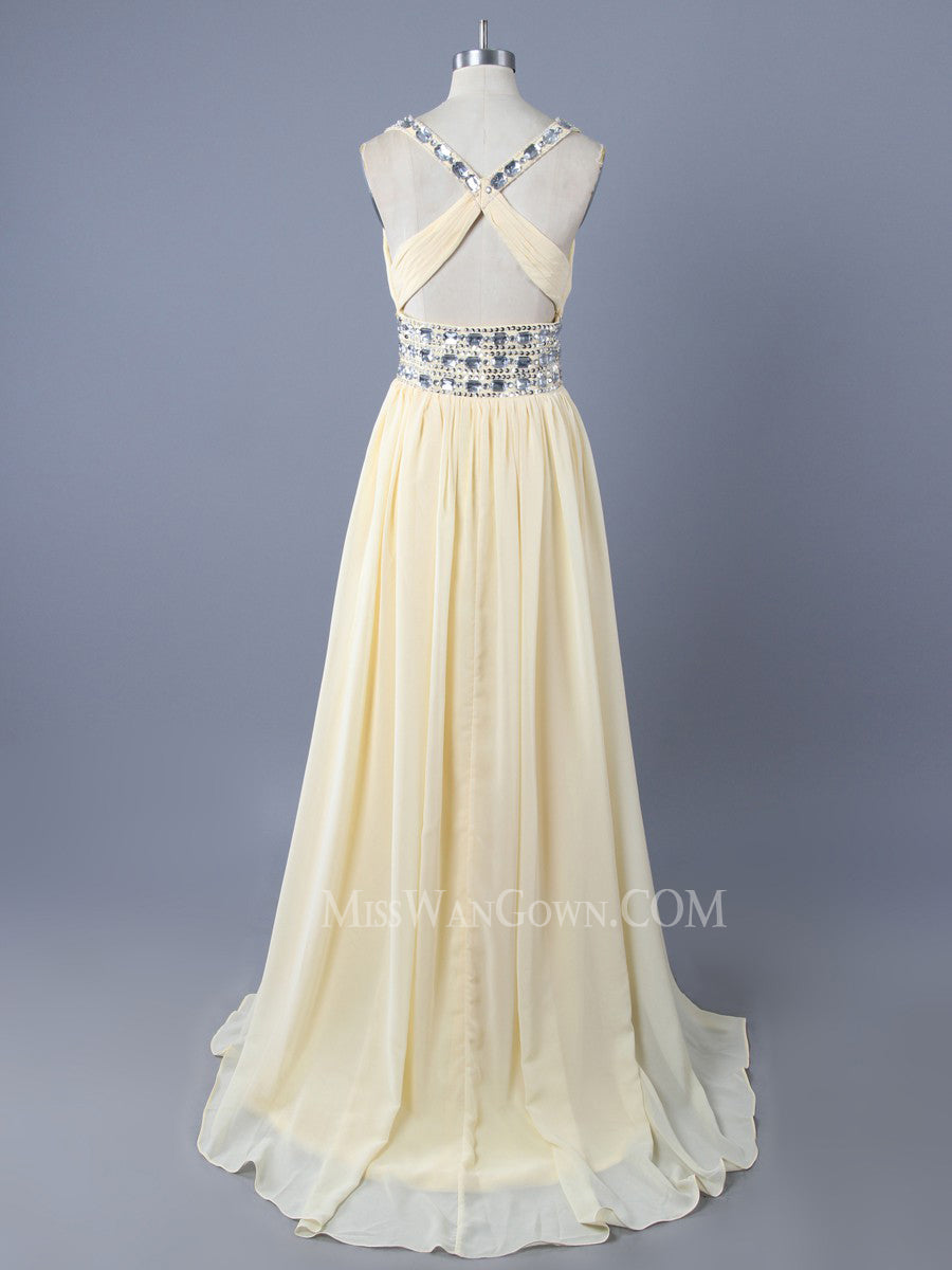 Sexy v neck chiffon handmade beading prom dresses customized sweep train evening dresses LF788